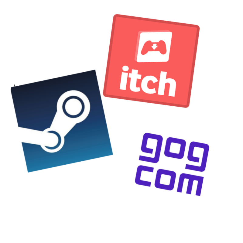 Steam, itch.io and GOG logos